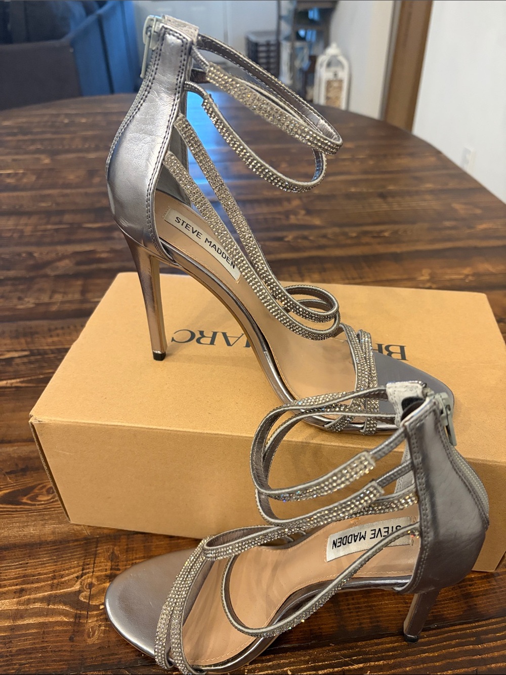 Steve Madden Metallic Silver Rhinestone Strappy Stiletto Heels